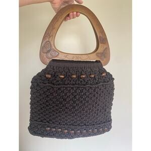 Vtg 70s Macrame Dark Brown Purse W Beads Wood Handles Butterfly Engraved-Roomy!*